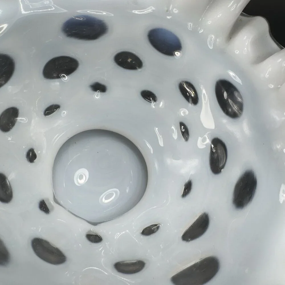 Fenton White Opalescent‎ Clear Coin Dot Ruffled Edge Glass Bowl Dish Vintage